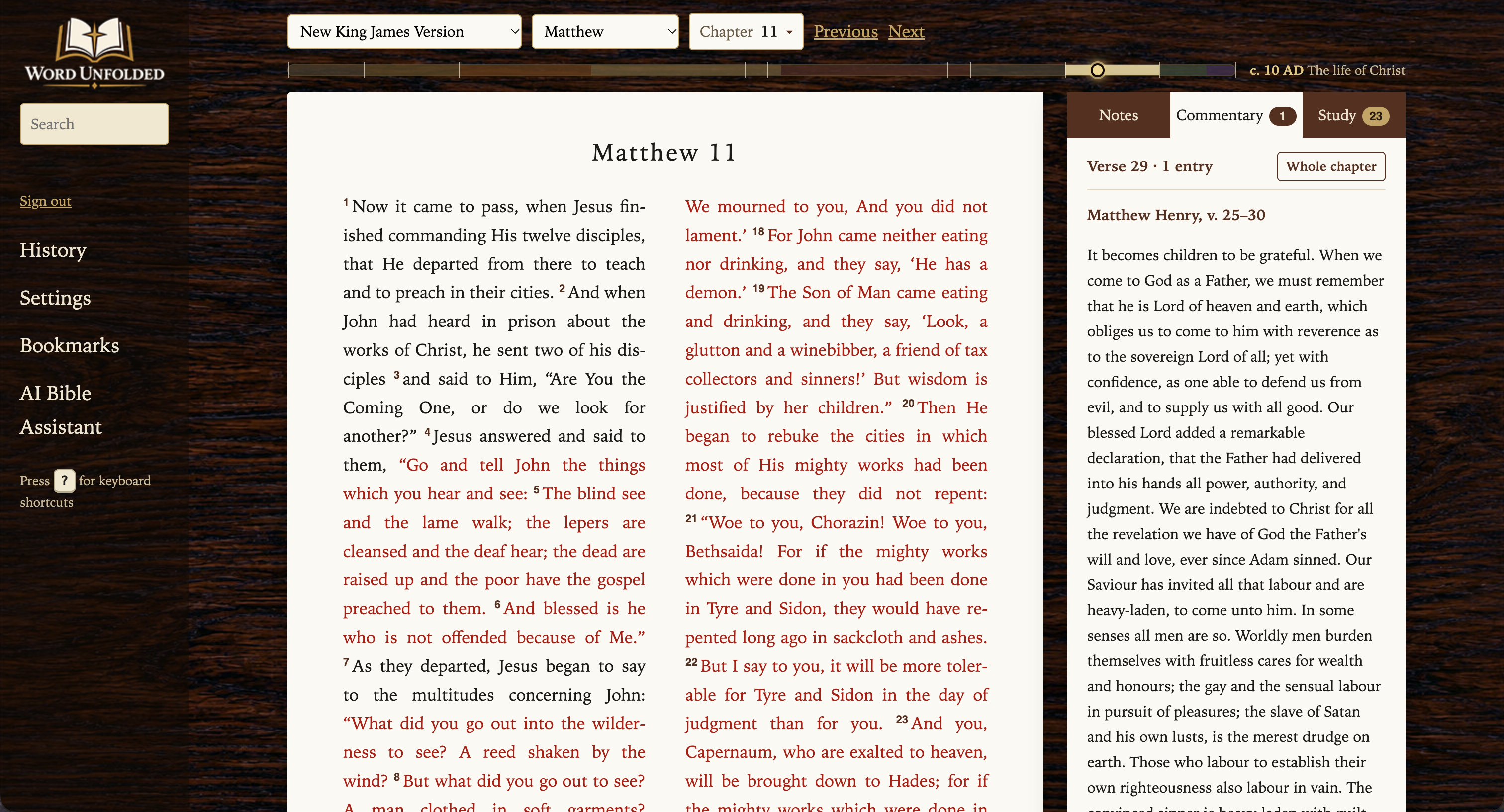 The Word Unfolded reader showing Mark chapter 6 in two columns on a paper page, with the translation, book and chapter pickers above, a timeline bar marking c. 30 AD, the life of Christ, and Matthew Henry's commentary in a tab on the right.
