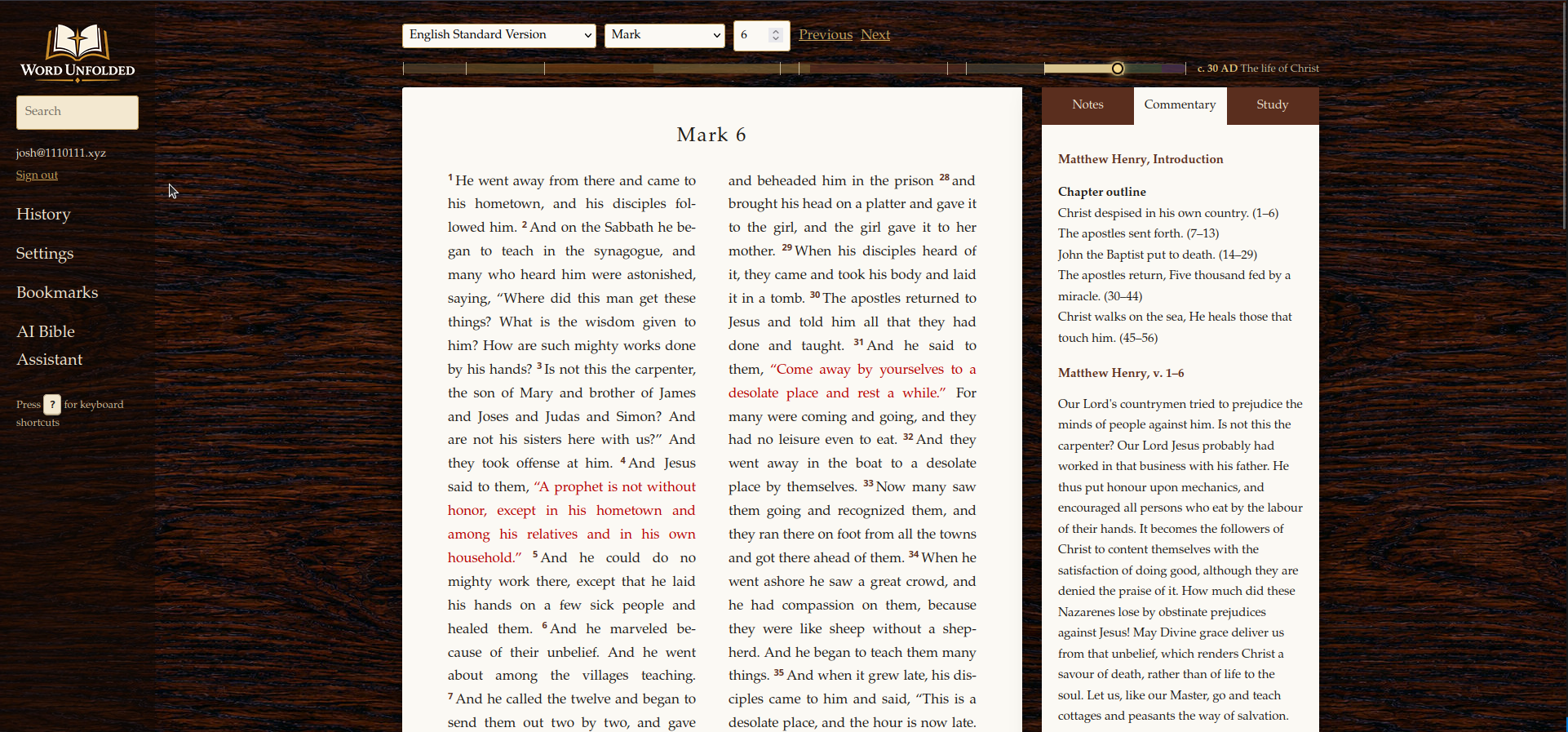 The Word Unfolded reader showing Mark chapter 6 in two columns on a paper page, with the translation, book and chapter pickers above, a timeline bar marking c. 30 AD, the life of Christ, and Matthew Henry's commentary in a tab on the right.